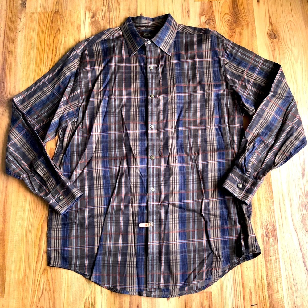 TASSO ELBA Plaid Shirt Long Sleeve Brown Blue Large Men’s